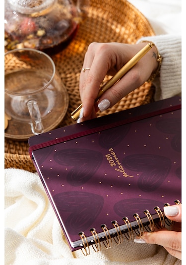 2026 A5 Spiralli Haftalık Ajanda 12 Aylık - Bordo Kalp Bordo Kalp