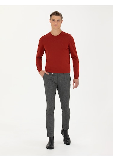 Cacharel Koyu Kiremit Slim Fit Bisiklet Yaka Triko Kazak Kırmızı