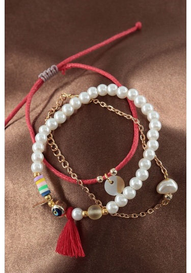 3lü Nazar Boncuklu İncili Püsküllü Asansörlü Lastikli Kırmızı İp Bileklik. Kadın İp Bileklik Halhal Çok Renkli