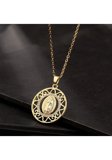 Dini Bakır Mikro Mıhlanmış Renkli Zirkon Taşlı Pandantif, Kadın Takısı, Katolik Meryem Ana Kolyesi Y. Altın