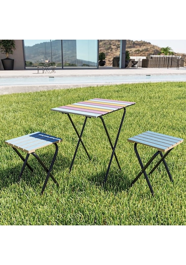 Bino Bino Masa Sandalye Bistro Set Yükseklik Ayarlı Ahşap 3'Lü Set Mavi