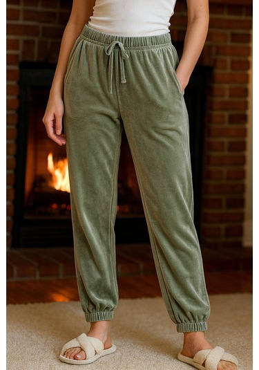 Kadın Paçası Lastikli Cep Detaylı Kadife Kumaş Tek Alt 503 Haki Haki