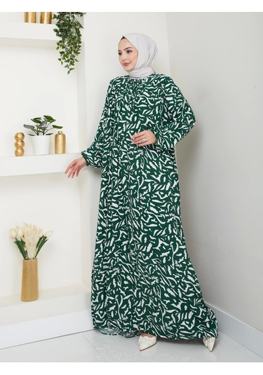 Desenli Önü Büzgülü Viskon Elbise - Yeşil / E0131 Yeşil