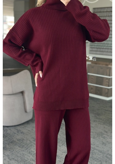 Laluvia Bordo Boğazlı Fitilli Triko Takım - 4671 Bordo
