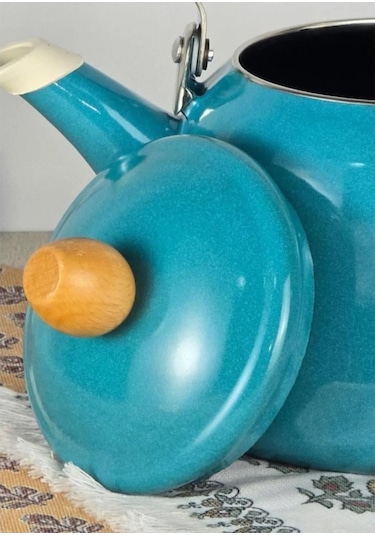 Vintage Ahşap Saplı Emaye Demlik Kettle 2,5lt Turkuaz Kr322-c Turkuaz