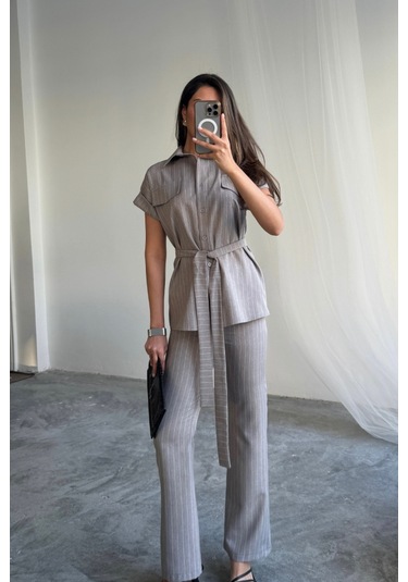 Ge Ticaret Çizgili Polyviskon Bluz - Pantolon Takım - Gri Gri