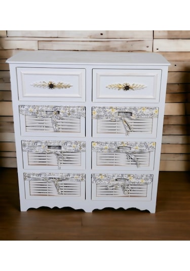 Ahşap 8 Çekmeceli Hasır Görünümlü Sebzelik Beyaz