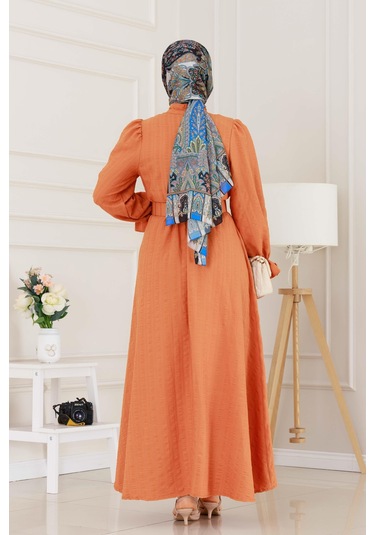 Kolu Volanlı Kemerli Henna Elbise-turuncu-5058 Turuncu