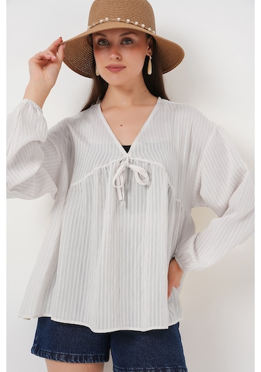 Kadın Önü Bağcıklı Uzun Kol Bluz 946 - Ekru Ekru