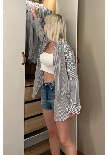 Madmext Siyah Çizgili Over Fit Gömlek Mg1525 Siyah