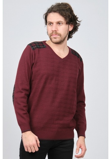 Desen Triko Erkek V Yaka Saf Yün Kazak 0246538 Bordo Bordo
