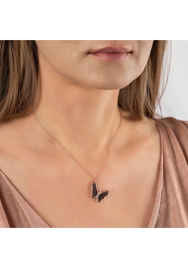 Siyah Zirkon Taşlı Zarif Tasarım Rose Renk 925 Ayar Gümüş Kelebek (459601787)