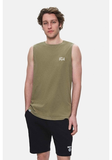 Elton Koyu Haki Bisiklet Yaka Sıfır Kol Yıkamalı Baskılı Oversize Erkek Tshirt Koyu Haki