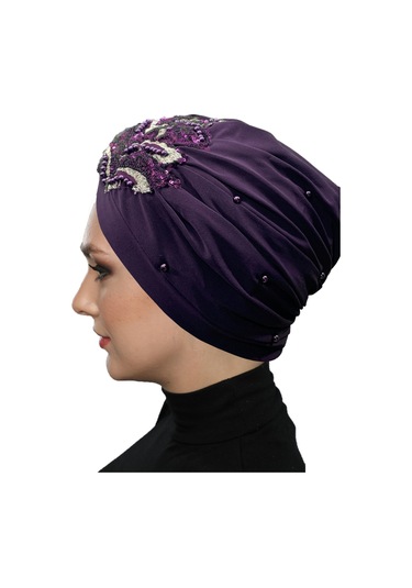 Kopma Astarlı İşlemeli Mor Payetli Yaprak Motifli Hazır Türban Tesettür Abiye Bone Mor