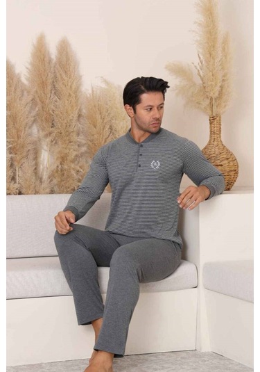 Alimer Erkek 3 Düğmeli Çizgili Desen %100 Pamuk Uzun Manşetli Kol Cepli Pijama Takımı Antrasit