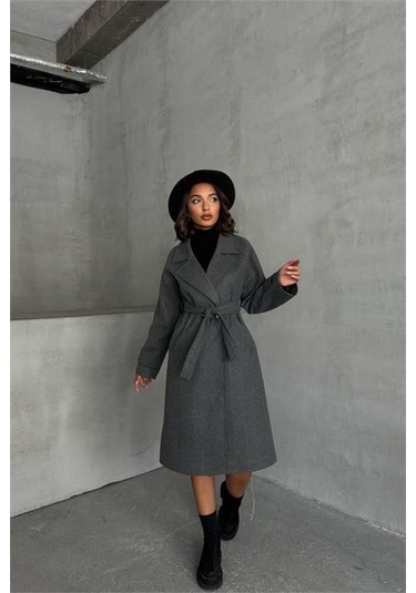 Neşeli Butik Kadın Astarlı Antrasit İthal Kaşe Kaban Nbg048 Antrasit