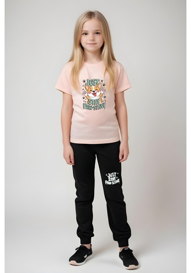 Just Stay Paw Baskılı Kız Çocuk Tişört Ve Eşofman Alt-üst Takım Somon