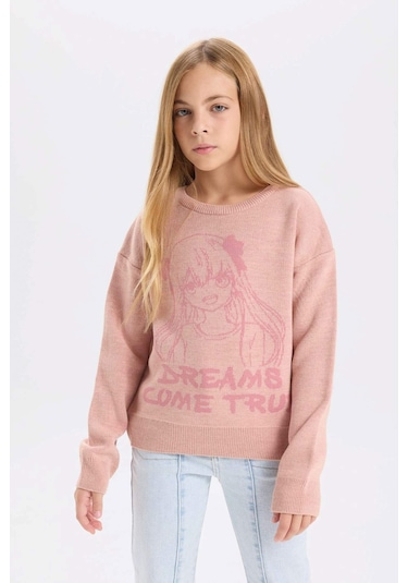 DeFacto Kız Çocuk Bisiklet Yaka Desenli Triko Kazak D3189A824WNPN186 Pembe