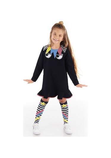 Denokids Mshb&g Perçem Fırfırlı Lacivert Kız Çocuk Elbise + Dizaltı Çorap Çok Renkli