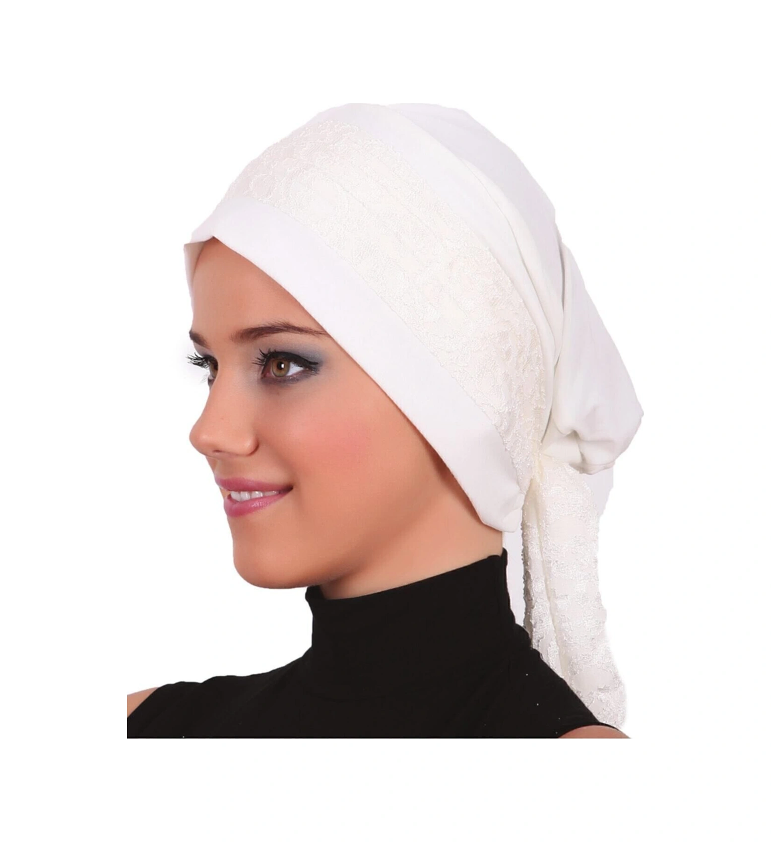 Dantel Bandana Krem Hazır Türban Tesettür Bone Krem