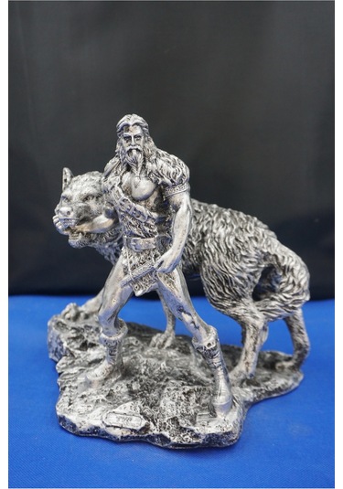 Tyr Savaş Tanrısı Heykeli - Kurtlu Try Biblo - 26 Cm Mitolojik Obje Hediyelik Dekor Gümüş