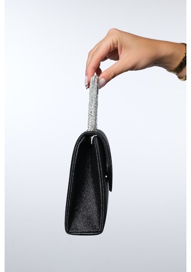 Monako Siyah Kum Sim Taşlı Kadın El Çantası Siyah Simli