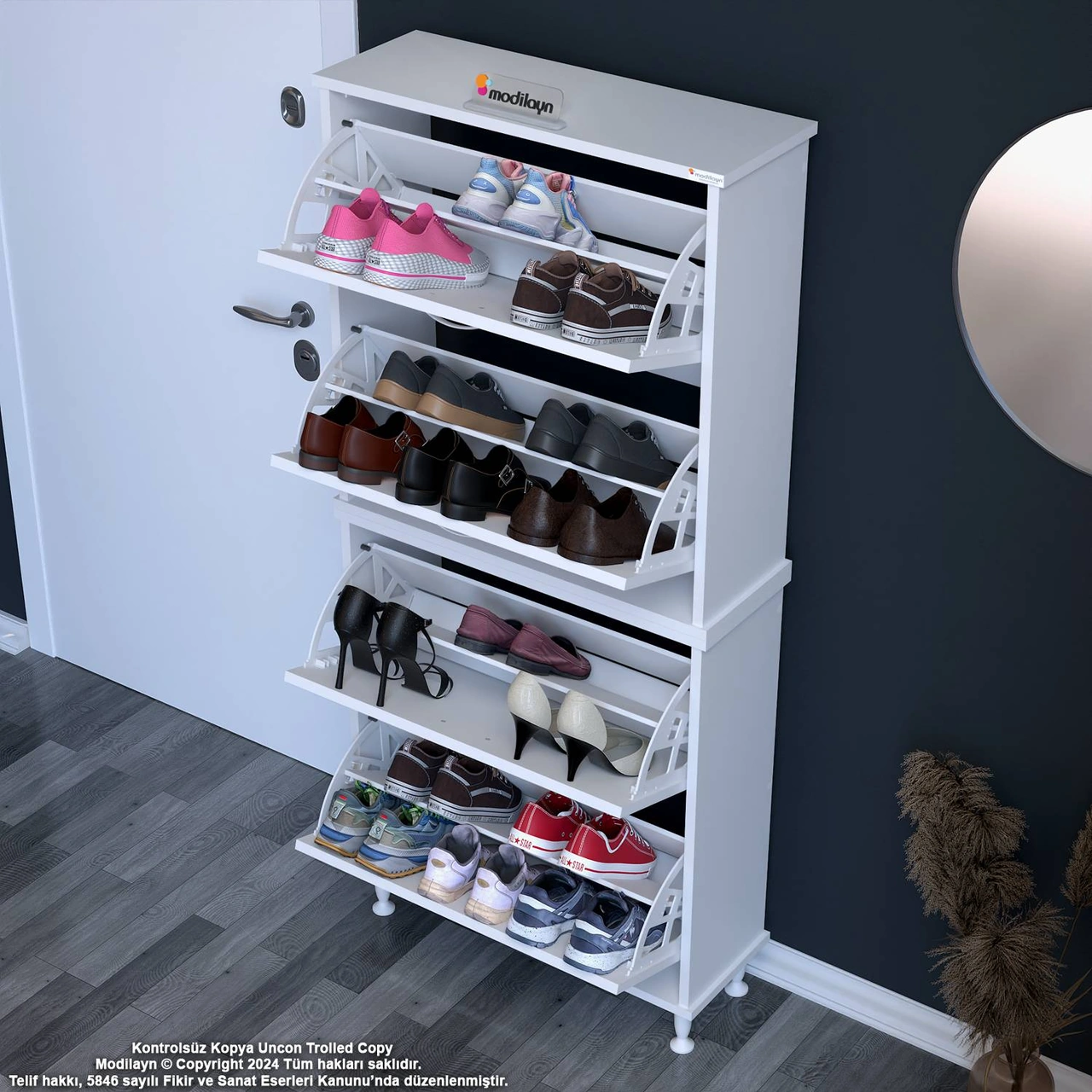 Asaf 2 Li Antre Beyaz Ayakkabılık 4 Düşer Kapak 8 Göz Bölmeli Ayakkabılık 72x160x25,5 Cm Beyaz