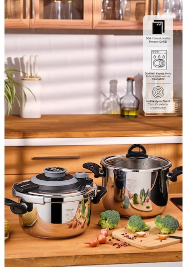 Emsan Vera 2'li Düdüklü Tencere Seti 4+6 Litre Siyah Gümüş - Siyah