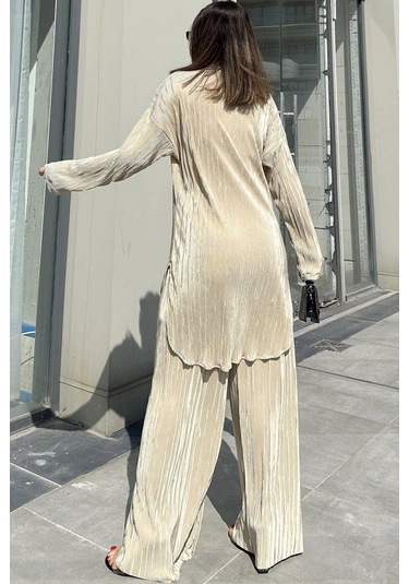 Kadın Sarı Uzun Tunik Gömlek & Beli Lastikli, Bol Paça Pantolon - Salaş Bürümcük Takım Sarı