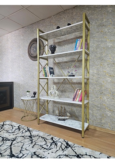 Gold Boyalı Kitaplık - 5 Raflı Suntalem Lüks Kitaplık Beyaz Merme Çok Renkli