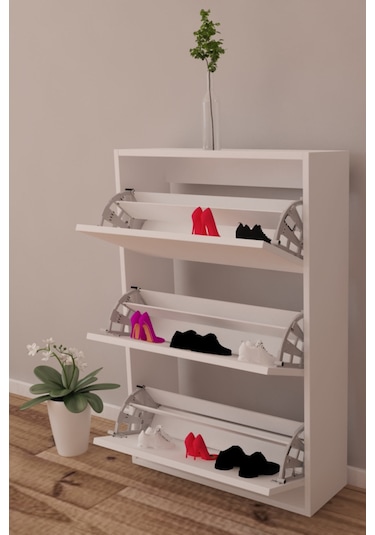 Moonlife 3 Kapaklı Kayar Raflı Ayakkabılık Beyaz