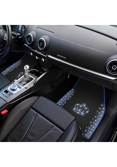 Kristal Taşlı Taç Desenli Işıltılı 5 Li Araç Oto Halı Paspas Seti Lüks & Şık Araç İçi Tasarım