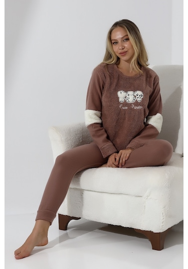 Fawn 5024 Peluş Welsoft Polar Kışlık Yumoş Kadın Pijama Takımı Vizon