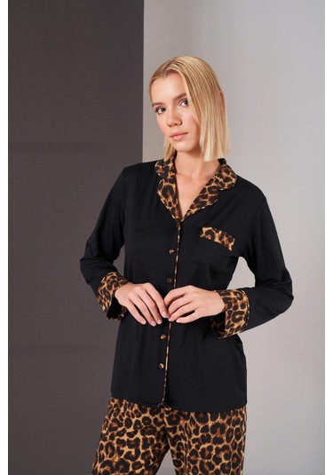 Pjs 26006 Kadın Patlı Boydan Düğmeli Leopar Desenli Uzun Kollu Pijama Takım Siyah