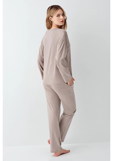 3407-s Kadın Uzun Kol Pijama Takım Vizon