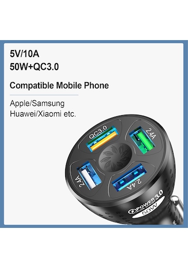 50w 4 Port Usb Araç Qc 3.0 Hızlı Şarj Mini Telefon Şarj Cihazı Avustralya'da B-siyah