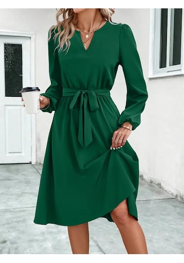 Kadın Uzun Kollu V Yakalı Belden Kuşaklı Kiloş Krep Elbise Yeşil