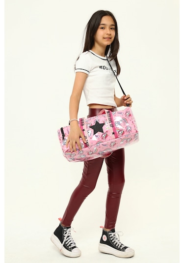 Kız Çocuk Yıldız Baskılı Spor Çanta, Unicorn Desenli Spor Çanta Pembe