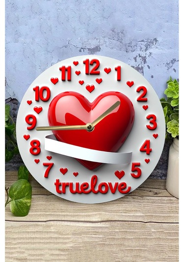 True Love Kalpli Mdf Duvar Saati 33 Cm, 3d Görünümlü, Sessiz Mekanizma, Romantik Tasarım Sdw244 Renkli