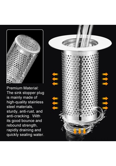 Yaozixa Paslanmaz Çelik Evrensel Lavabo Tıkacı - 2'li Fonksiyonlu Anti-tıkanıklık Filtreli Gümüş