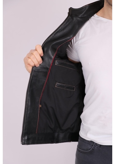 Erkek Siyah Hakiki Deri Yakalı Asimetrik Fermuarlı Spor Mont