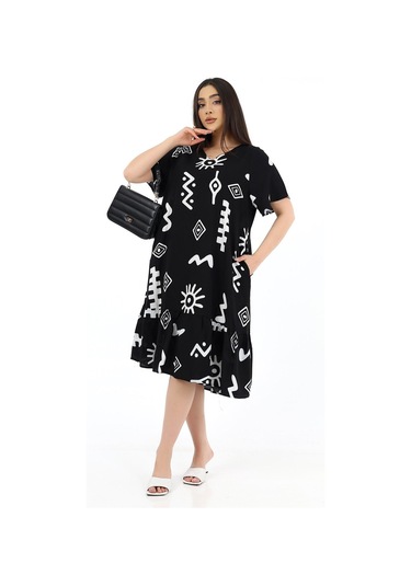 Schık Kadın Viskon Yarım Kol V Yaka Cepli Fırfırlı Elbise Siyah Siyah