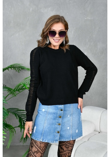 Kadın Bisiklet Yaka Kolları Ajurlu Basic Triko Kazak Siyah