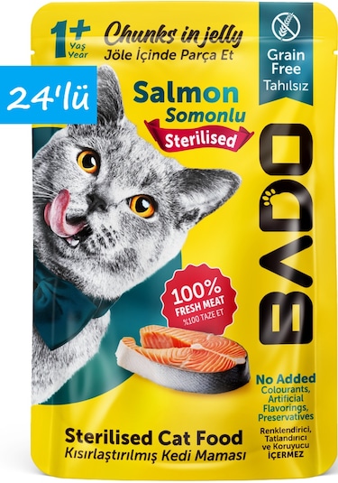Bado Kısırlaştırılmış Yetişkin Yaş Kedi Maması Somonlu 85gr 24'lü