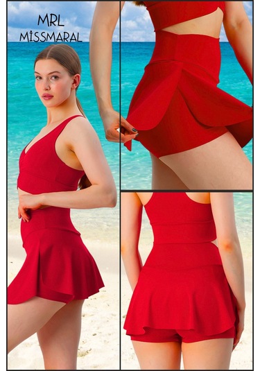 Mini Şort Etek Görünümü Etek Içi Şortlu Cepli Spor Tasarım Tenis Deniz Havuz Fitness Kırmızı 1107 Kırmızı