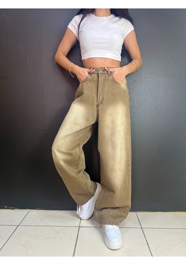St.poll Vintage Eskitme Yıkama Unisex Baggy Jean Pantolon Vintage Vizon
