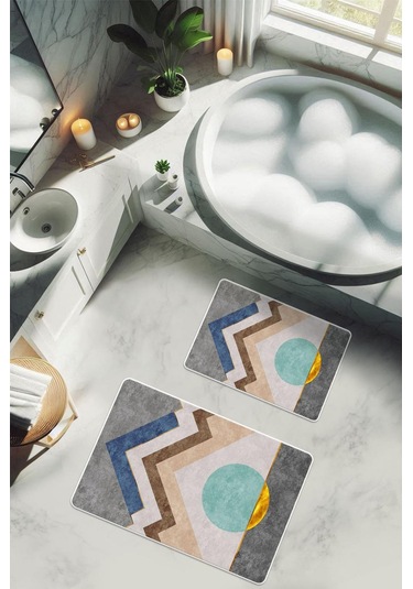 Yıkanabilir Kaymaz Tabanlı Modern Desenli 2'li Banyo Paspas Takımı Bps0031 Renkli