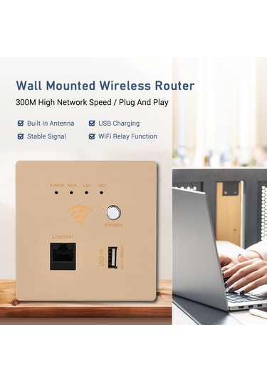 Geeksen Duvar Gömülü 300m Wifi Ap Router - Usb Şarjlı Çıkışlı, Şampanya Altın Rengi