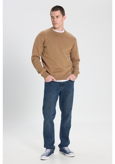 Regular Fit Normal Kesim Bisiklet Yaka Bej Triko Kazak W242724614 Bej