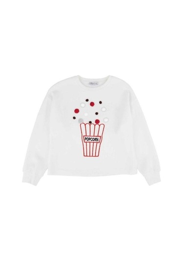 Kız Çocuk Popcorn Baskılı Sweatshirt-13493 Ekru